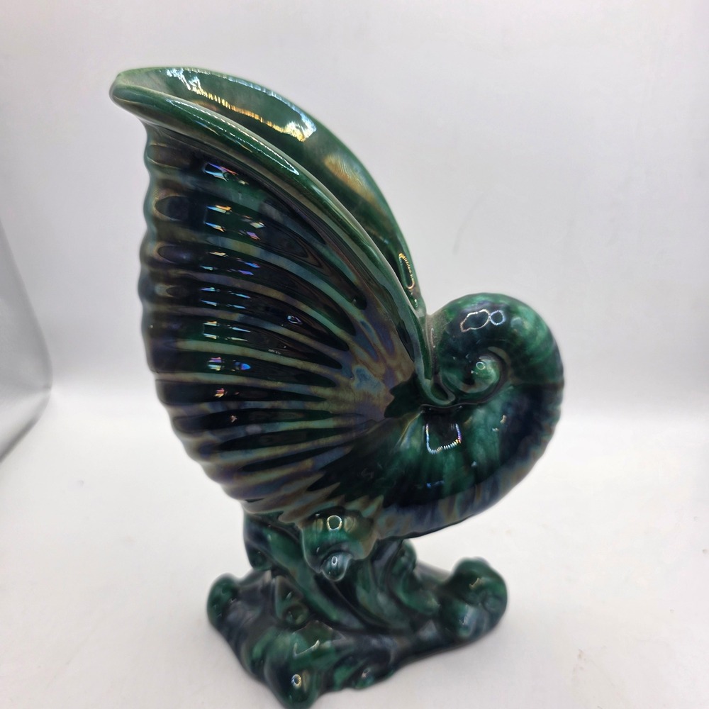 Vintage Iridescent Green Nautilus Shell Vase Ceramic Luster Coastal Art Pottery